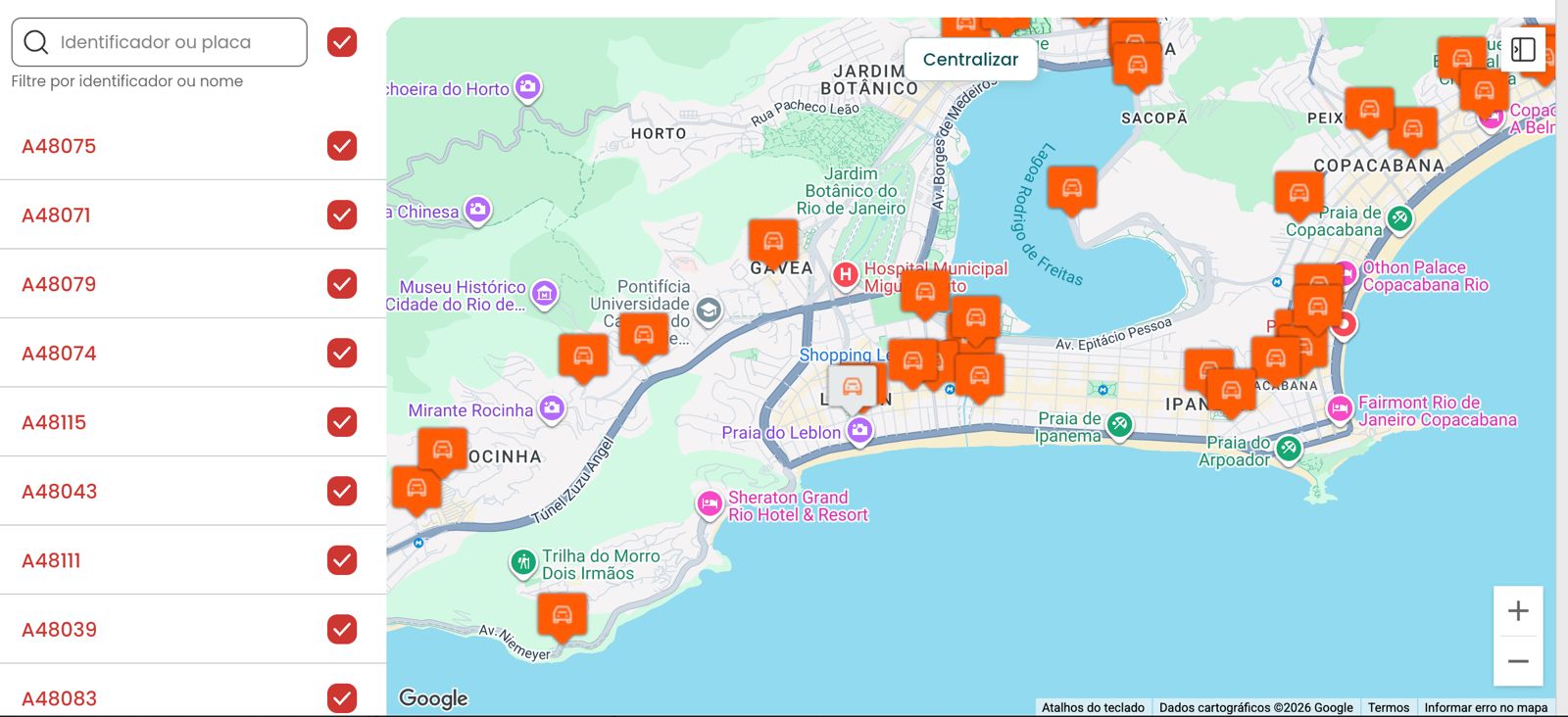 Plataforma ZXtrack — mapa com frota rastreada em tempo real no Rio de Janeiro